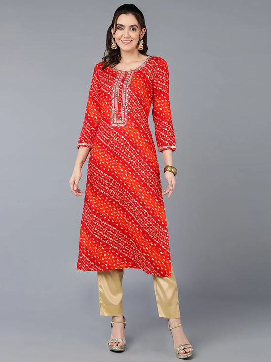 Viscose Rayon Red Bandhani Printed Kurta