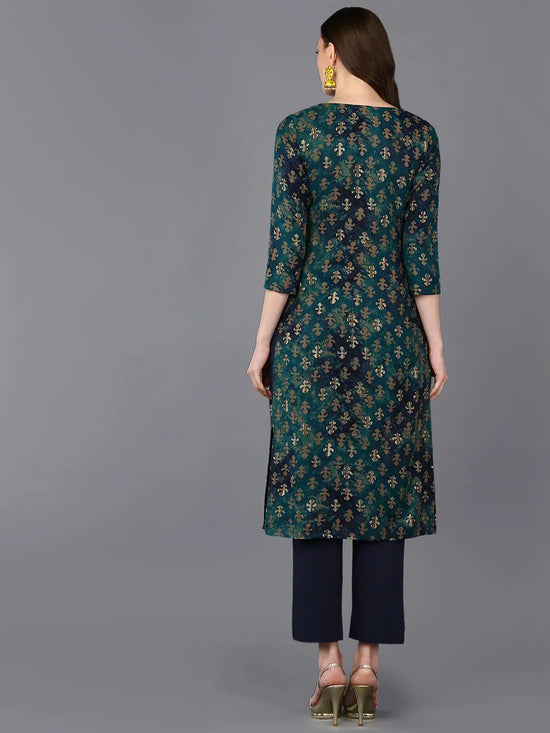 Silk Blend Blue Printed Straight Kurta