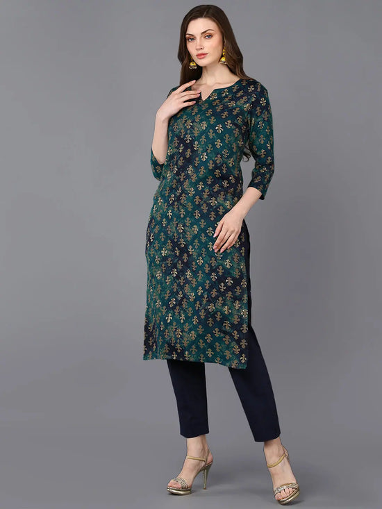 Silk Blend Blue Printed Straight Kurta