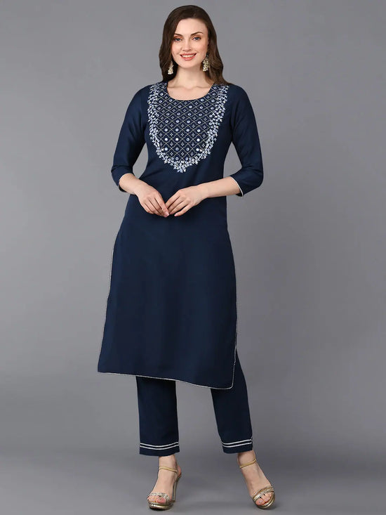 Silk Blend Blue Embroidered Straight Kurta