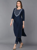 Silk Blend Blue Embroidered Straight Kurta