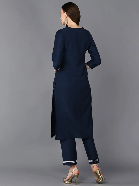 Silk Blend Blue Embroidered Straight Kurta