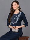 Silk Blend Blue Embroidered Straight Kurta