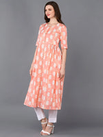 Cotton Peach Floral Printed Flared Kurta