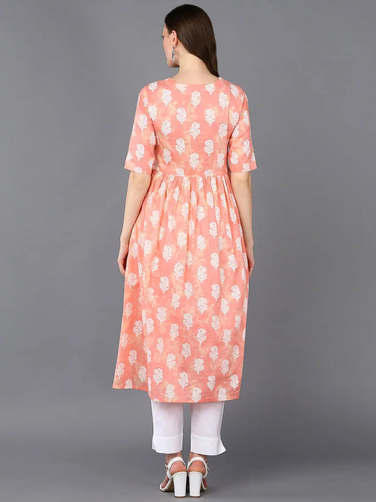 Cotton Peach Floral Printed Flared Kurta