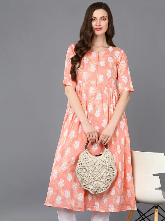 Cotton Peach Floral Printed Flared Kurta