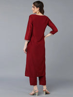 Silk Blend Maroon Embroidered Straight Kurta-VCK9385_XS