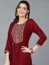 Silk Blend Maroon Embroidered Straight Kurta-VCK9385_XS