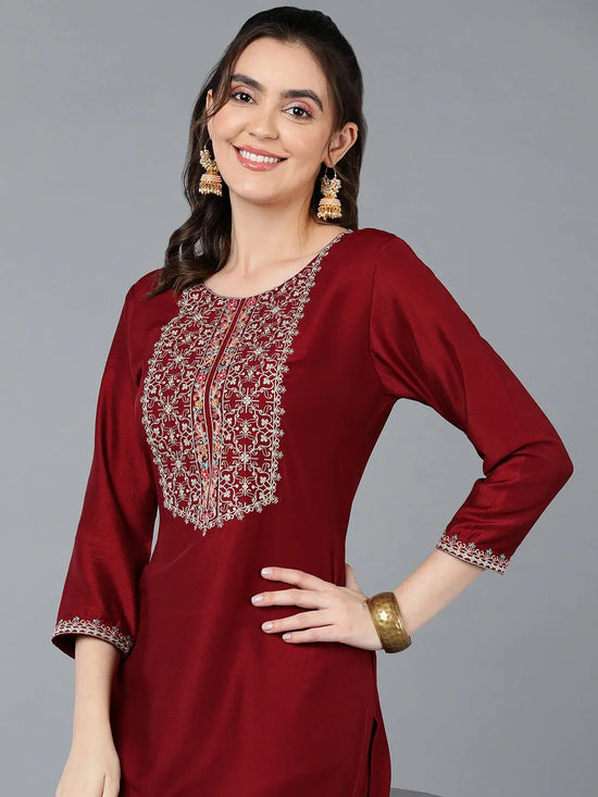 Silk Blend Maroon Embroidered Straight Kurta-VCK9385_XS