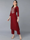 Silk Blend Maroon Embroidered Straight Kurta-VCK9385_XS