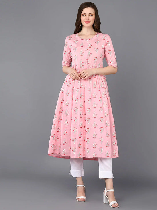 Cotton Pink Printed Flared Kurta-VCK9322_XS