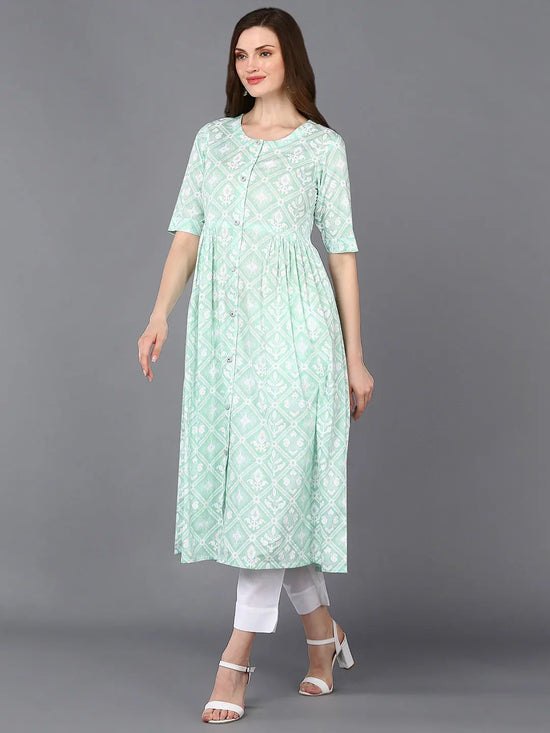 Cotton Green Printed Flared Kurta