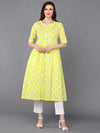 Cotton Yellow Printed Flared Kurta