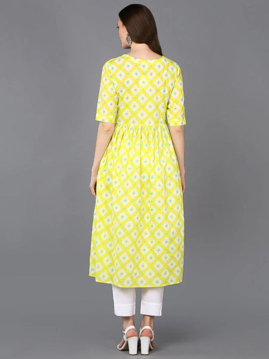 Cotton Yellow Printed Flared Kurta