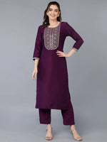 Silk Blend Purple Embroidered Straight Kurta