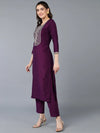 Silk Blend Purple Embroidered Straight Kurta