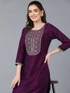 Silk Blend Purple Embroidered Straight Kurta