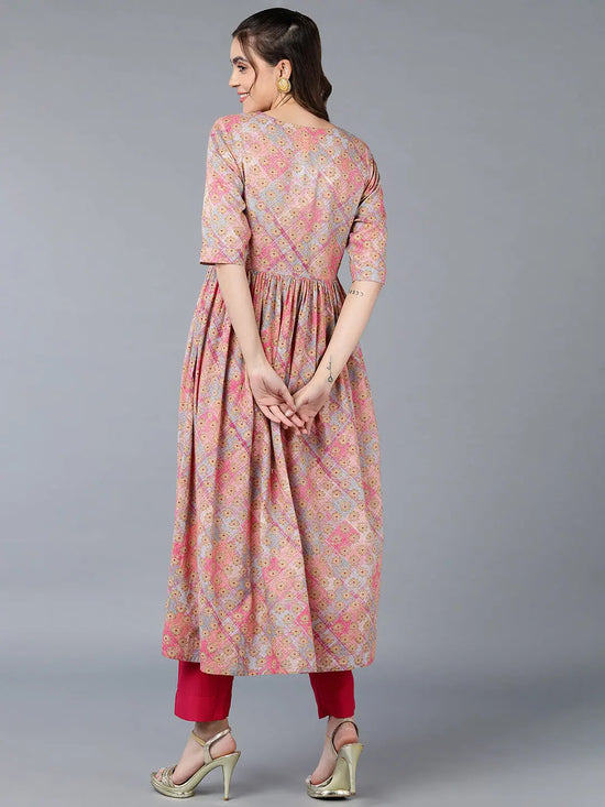 Cotton Pink Printed Flared Kurta-VCK9389_XS