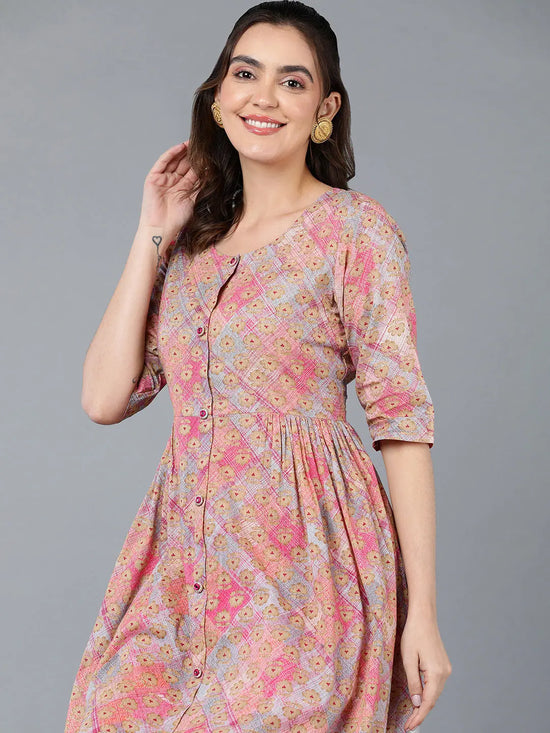 Cotton Pink Printed Flared Kurta-VCK9389_XS