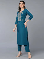 Silk Blend Teal Blue Embroidered Kurta