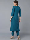 Silk Blend Teal Blue Embroidered Kurta