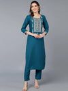 Silk Blend Teal Blue Embroidered Kurta