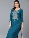 Silk Blend Teal Blue Embroidered Kurta