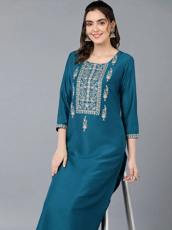 Silk Blend Teal Blue Embroidered Kurta