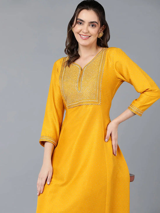 Silk Blend Yellow Embroidered Flared Kurta