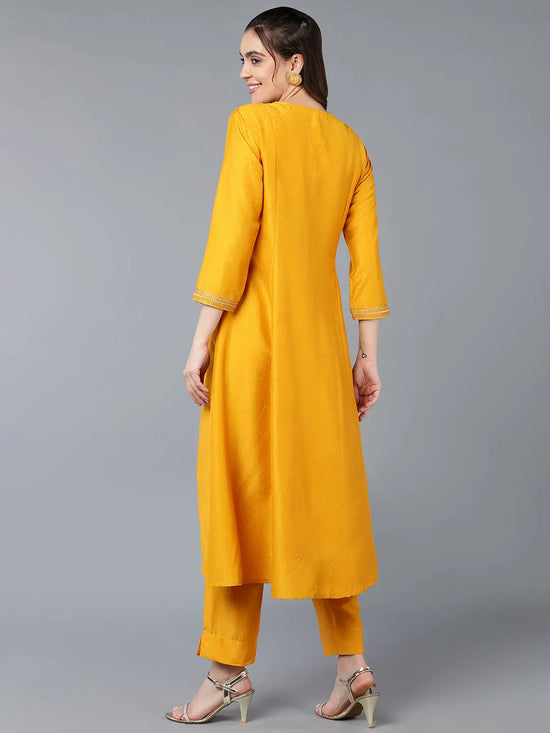 Silk Blend Yellow Embroidered Flared Kurta