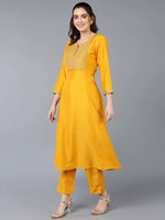 Silk Blend Yellow Embroidered Flared Kurta