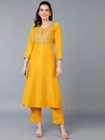 Silk Blend Yellow Embroidered Flared Kurta