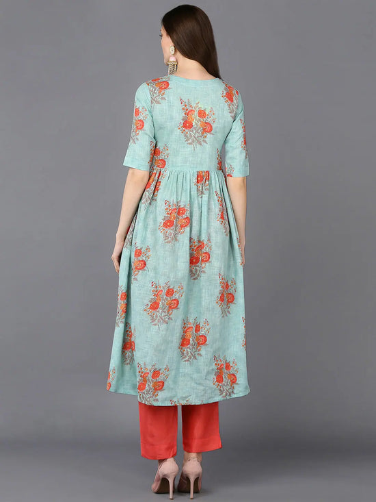 Cotton Aqua Green Printed Flared Kurta-VCK9321_XS