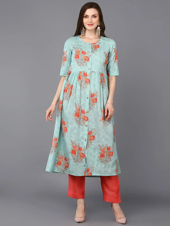 Cotton Aqua Green Printed Flared Kurta-VCK9321_XS