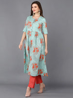 Cotton Aqua Green Printed Flared Kurta-VCK9321_XS