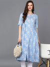 Cotton Blue Floral Printed Flared Kurta