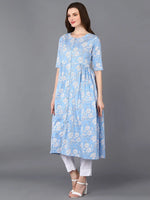 Cotton Blue Floral Printed Flared Kurta