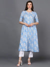 Cotton Blue Floral Printed Flared Kurta