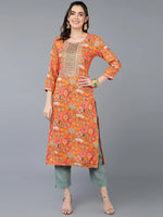 Viscose Rayon Orange Floral Printed Kurta-VCK9334_XS