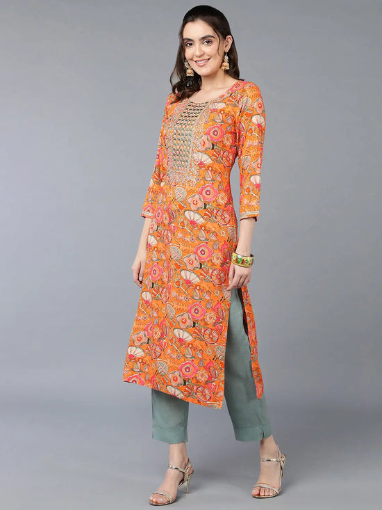 Viscose Rayon Orange Floral Printed Kurta-VCK9334_XS