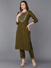 Silk Blend Mehendi Green Embroidered Kurta