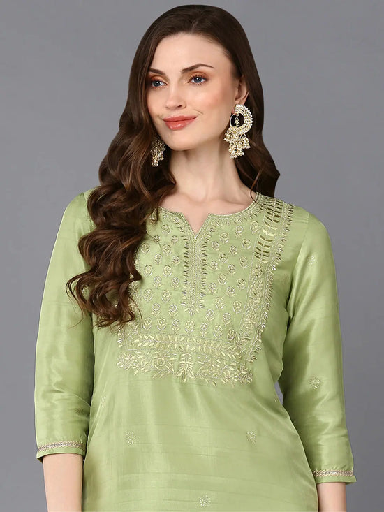 Silk Blend Pista Green Embroidered Kurta