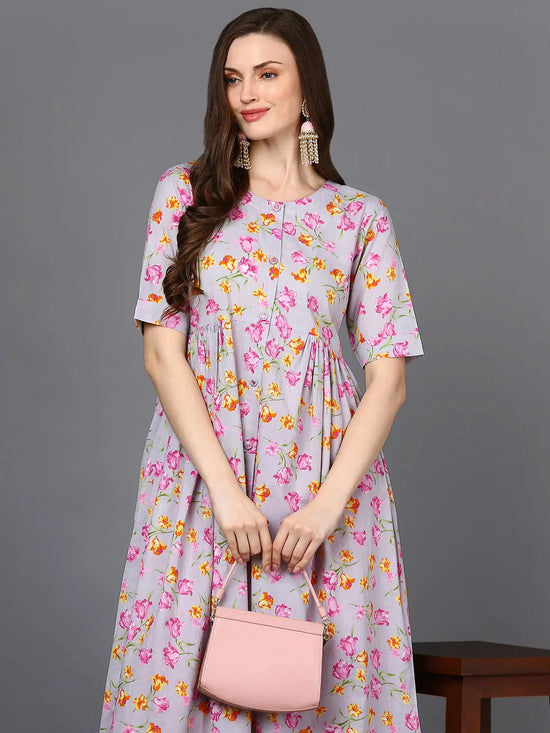 Cotton Grey Floral Printed Flared Kurta