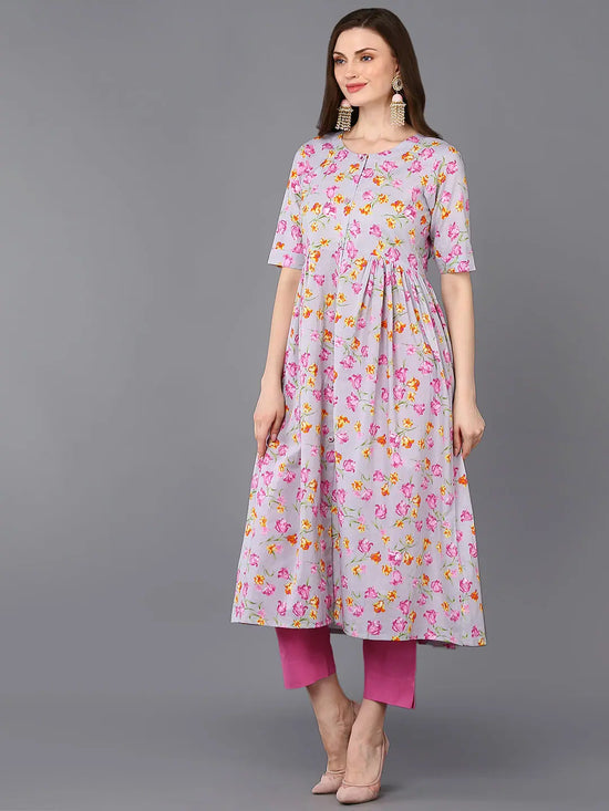 Cotton Grey Floral Printed Flared Kurta