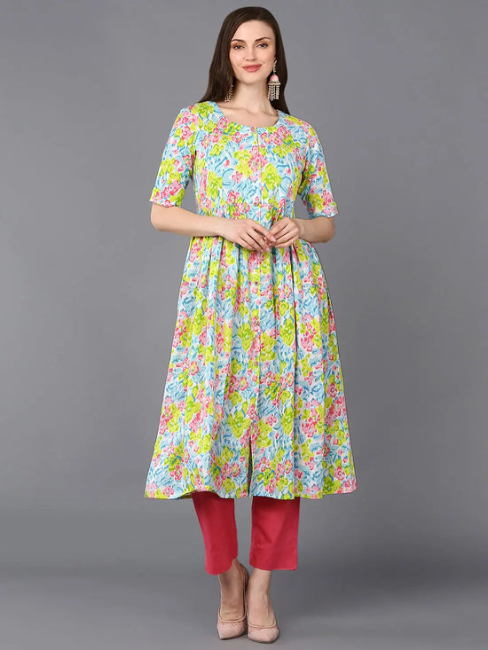 Cotton Multicolored Floral Printed Flared Kurta