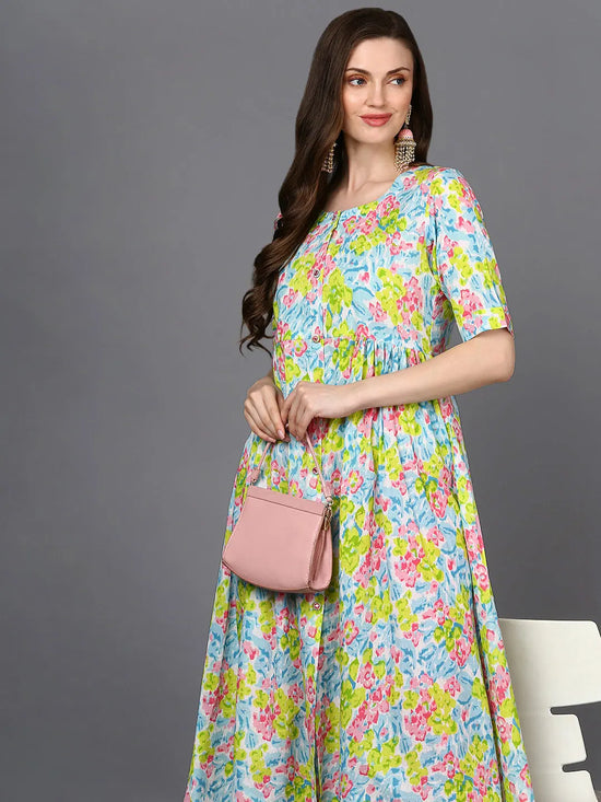 Cotton Multicolored Floral Printed Flared Kurta