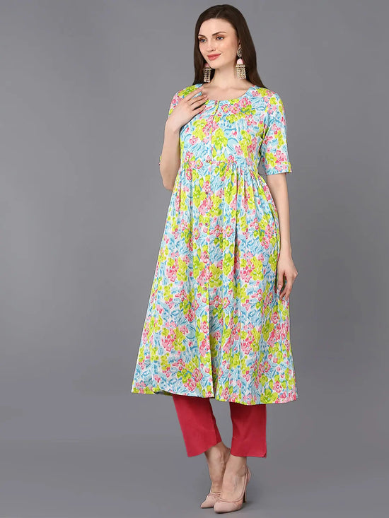 Cotton Multicolored Floral Printed Flared Kurta