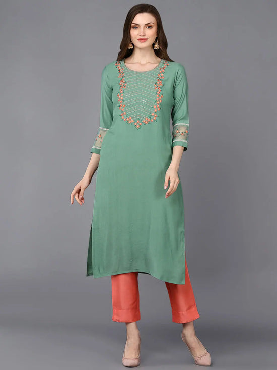 Silk Blend Green Embroiderd Straight Kurta