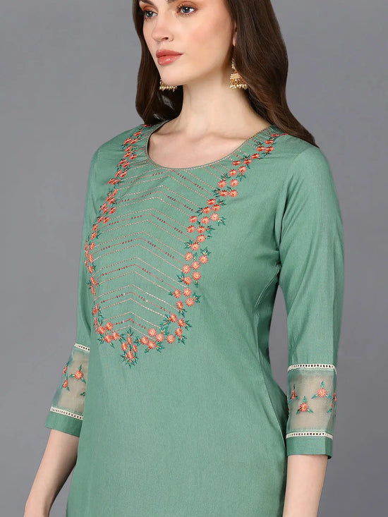 Silk Blend Green Embroiderd Straight Kurta