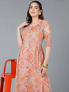 Cotton Orange Printed Flared Kurta Kurta